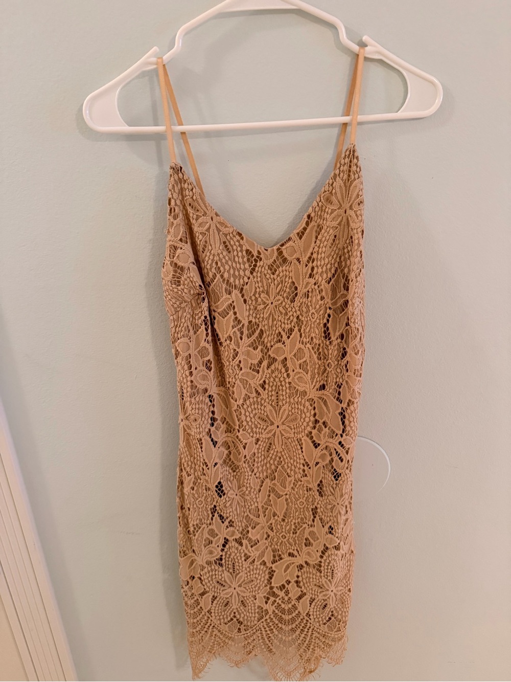 Neutral Crochet Lace Slip Mini Dress with Spaghetti Straps